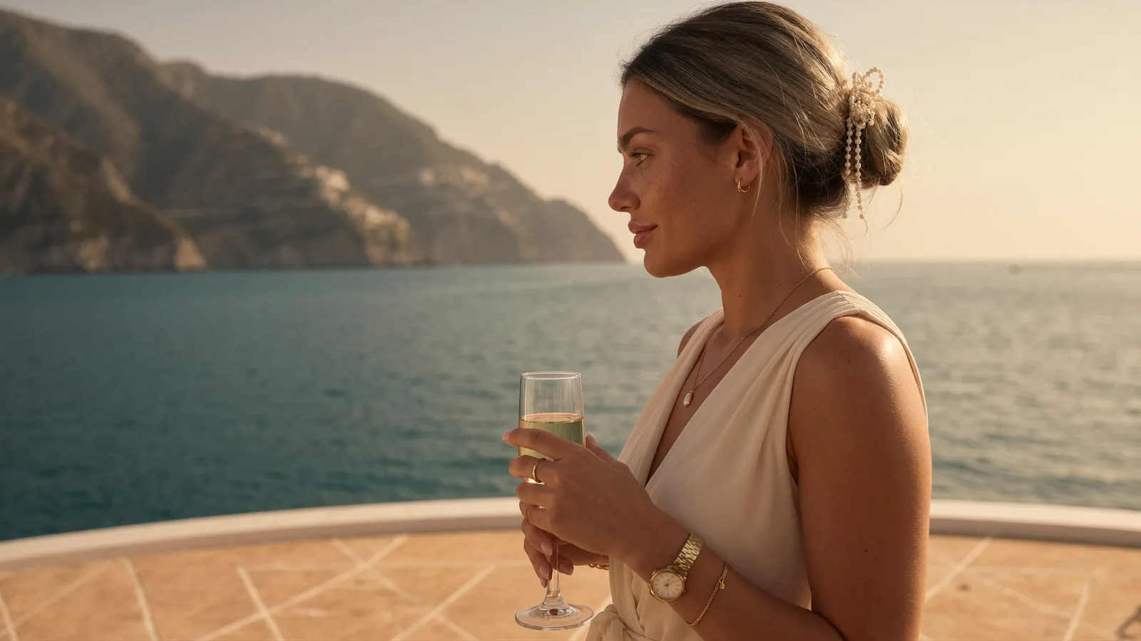 Creatoare Selara pe puntea unui iaht la apus, pe coasta mediteraneană — direcția vizuală aspirațională a brandului.
