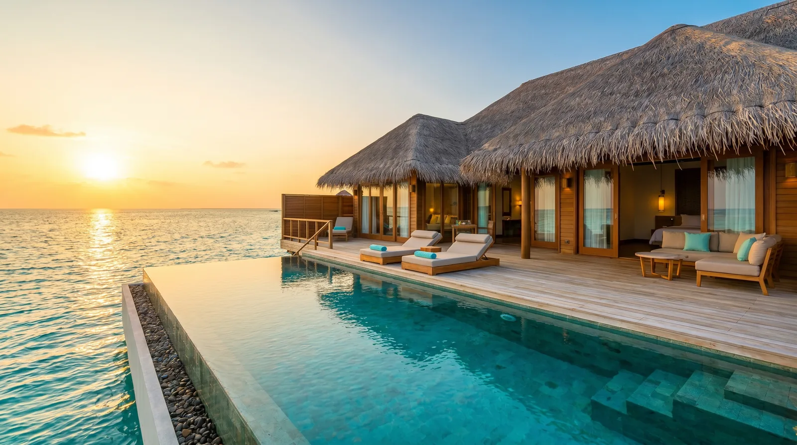 Vilă pe apă în Maldive cu piscină infinity privată, la apus — estetică de călătorie de lux.